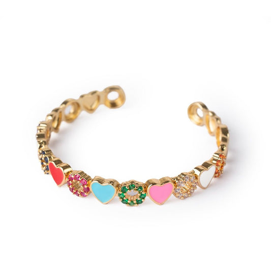 Bracciale in ottone con cuoricini smaltati e zirconi multicolore - Mya Accessories