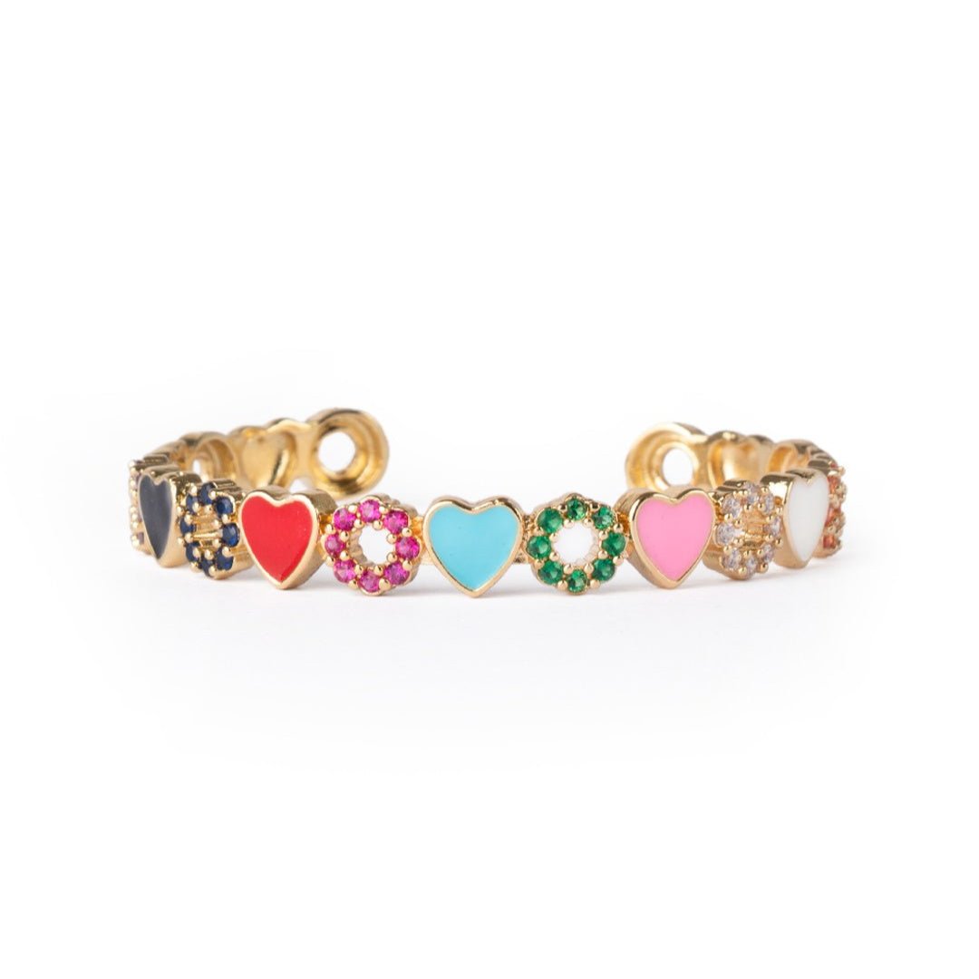 Bracciale in ottone con cuoricini smaltati e zirconi multicolore - Mya Accessories
