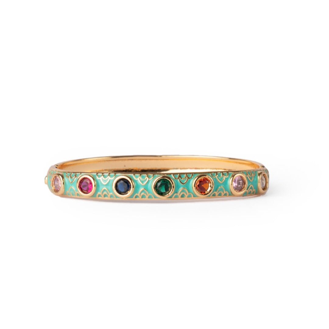 Bracciale in ottone a manetta smaltato verde acqua con zirconi multicolore - Mya Accessories