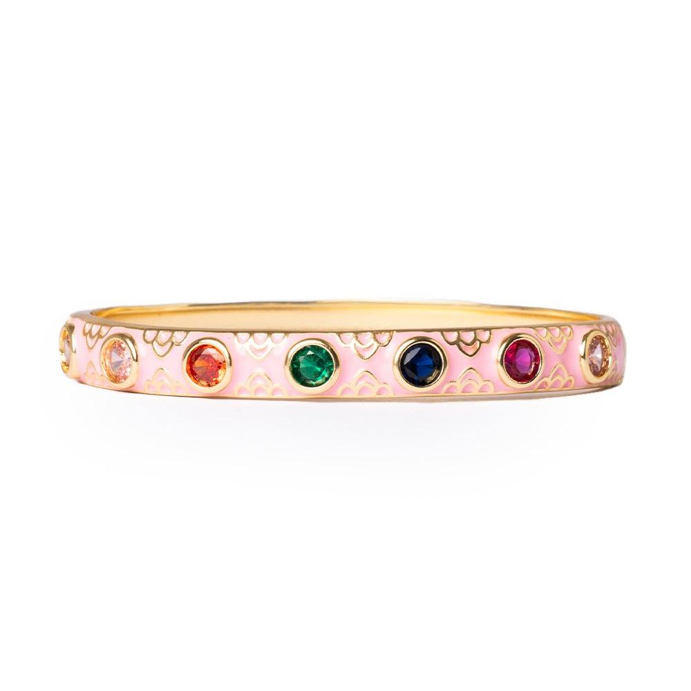 Bracciale in ottone a manetta smaltato rosa con zirconi multicolore - Mya Accessories