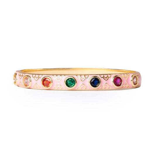 Bracciale in ottone a manetta smaltato rosa con zirconi multicolore - Mya Accessories