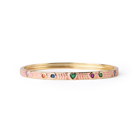 Bracciale in ottone a manetta smaltato rosa con zirconi a cuoricini multicolore - Mya Accessories