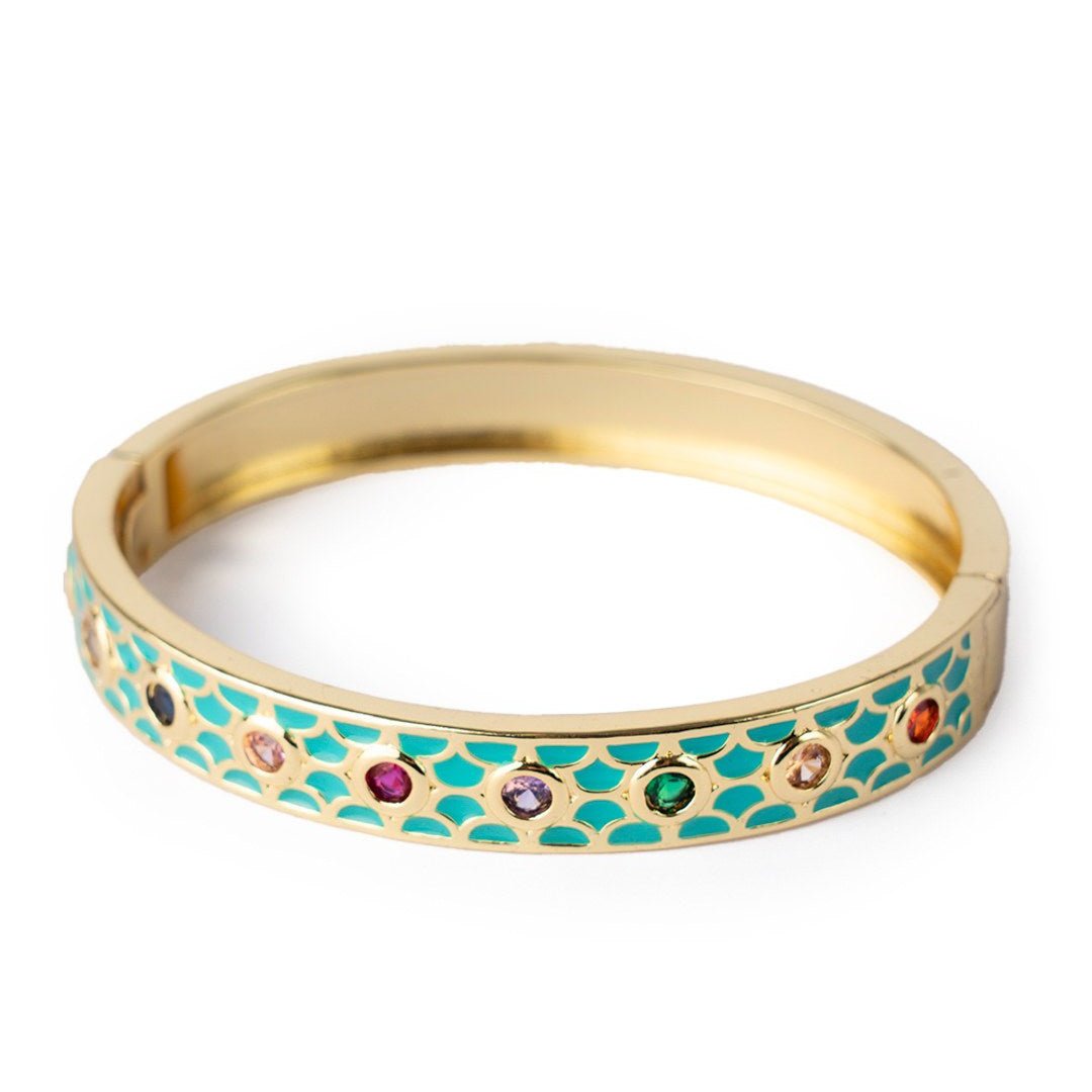 Bracciale in ottone a manetta smaltato celeste con zirconi multicolore - Mya Accessories