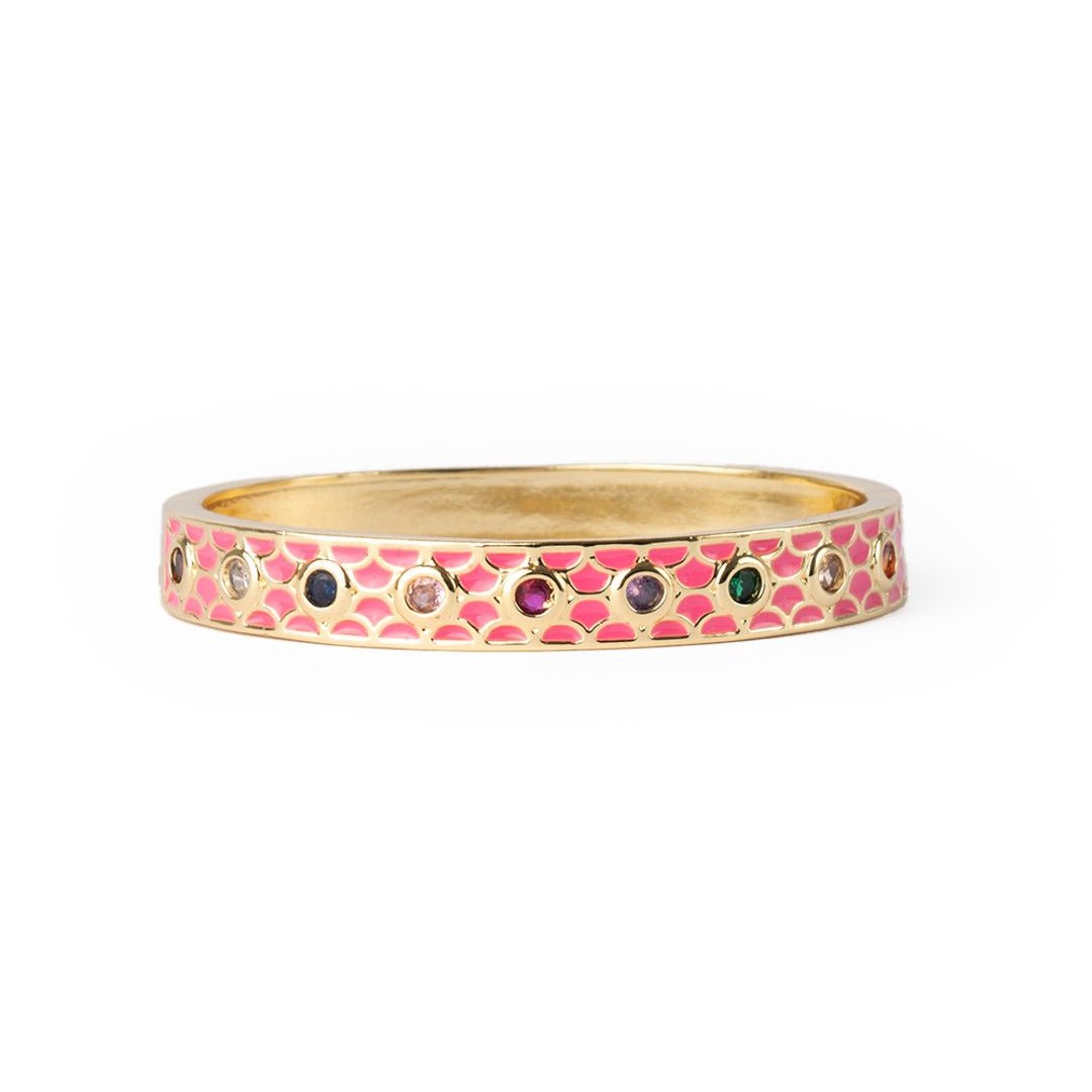 Bracciale in ottone a manetta smaltato rosa con zirconi multicolore - Mya Accessories