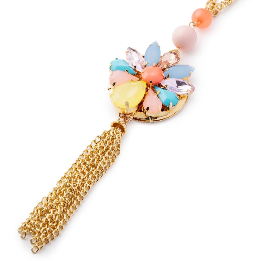 Collana lunga a catena con pendente a fiore in vetro multicolore, con frange - Mya Accessories