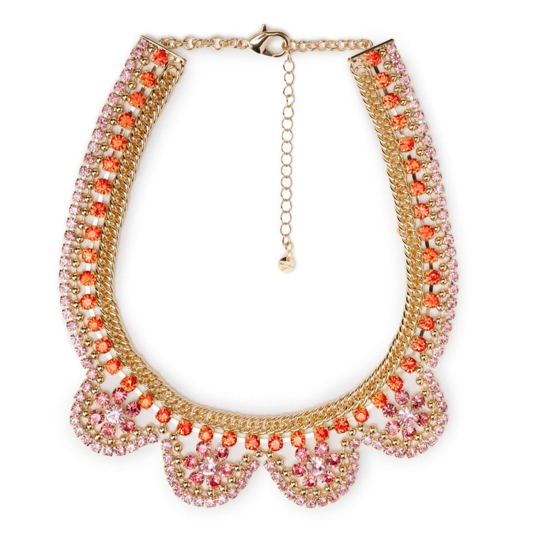 Collana girocollo in metallo con microcristalli in vetro rosa ed arancio - Mya Accessories