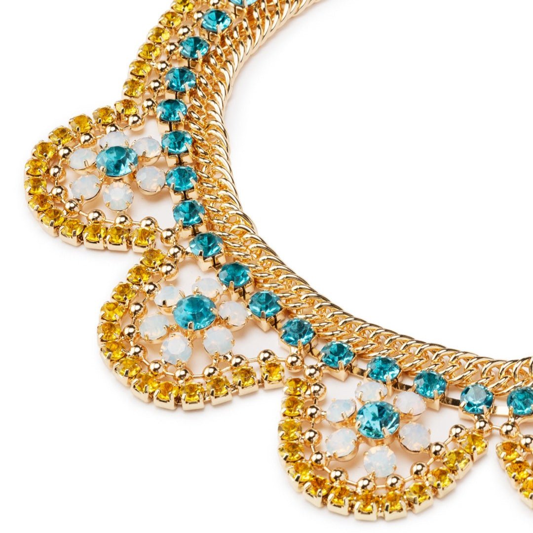 Collana girocollo in metallo con microcristalli in vetro celeste e gialli - Mya Accessories
