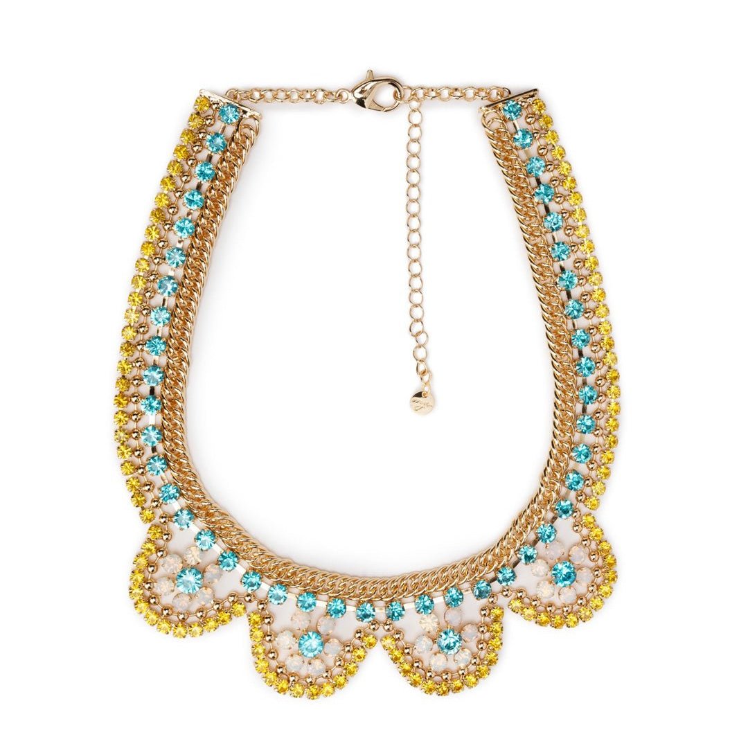 Collana girocollo in metallo con microcristalli in vetro celeste e gialli - Mya Accessories