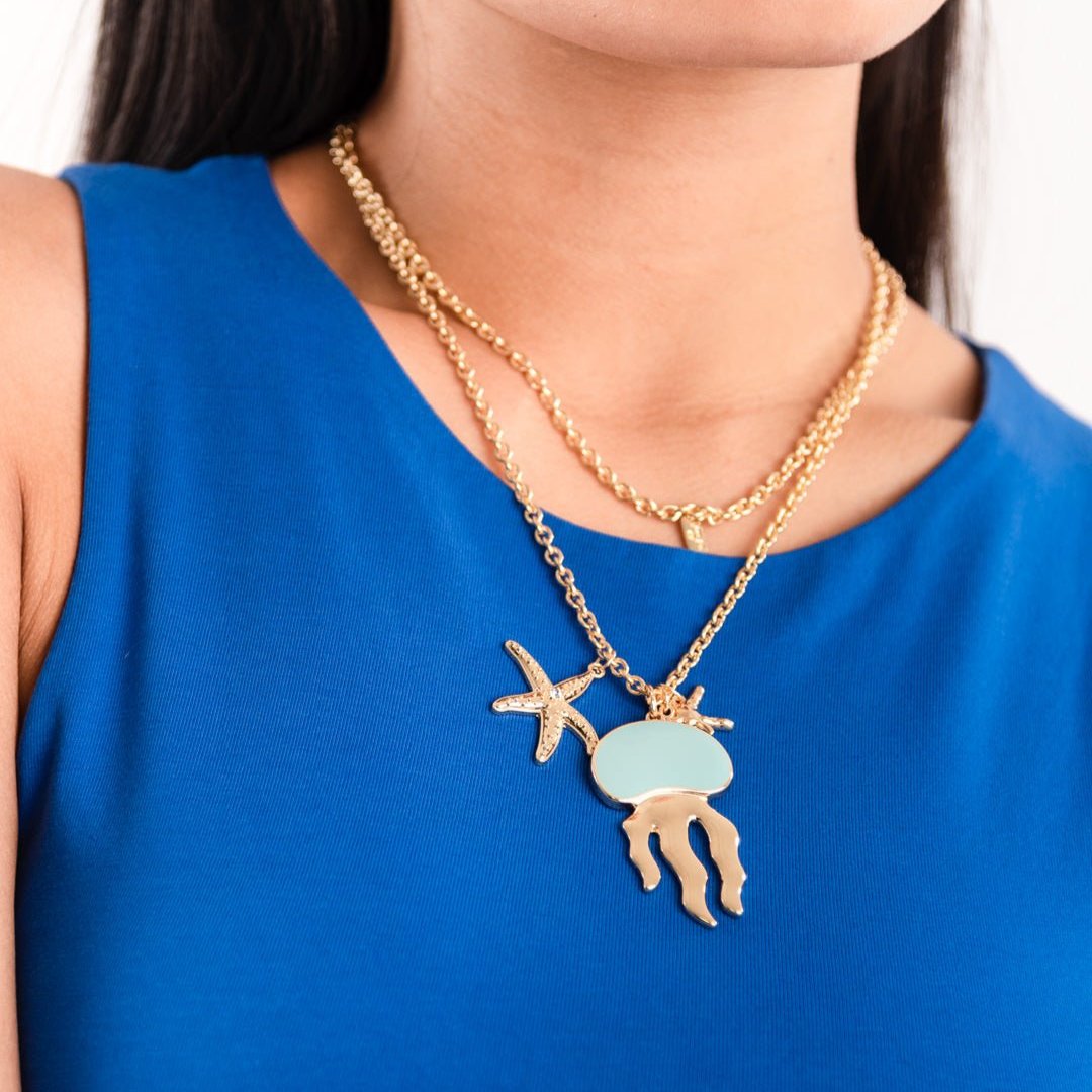 Collana girocollo doppia linea a catena con pendente a medusa smaltata verde acqua - Mya Accessories