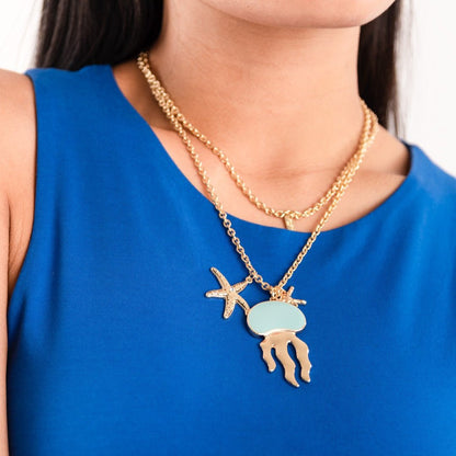 Collana girocollo doppia linea a catena con pendente a medusa smaltata verde acqua - Mya Accessories