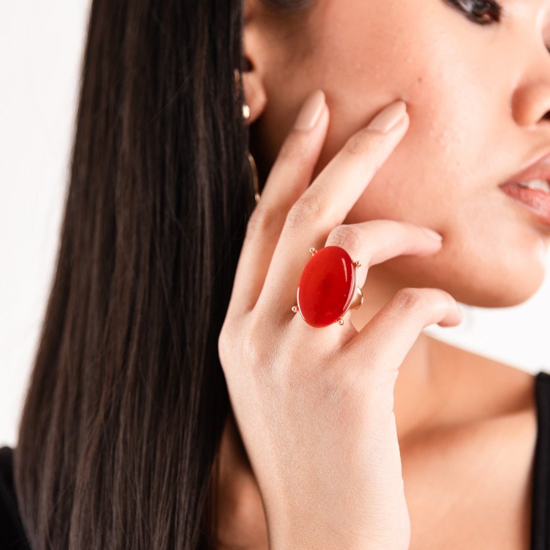 Anello in metallo elastico, con pietra occhio di gatto in vetro arancio - Mya Accessories