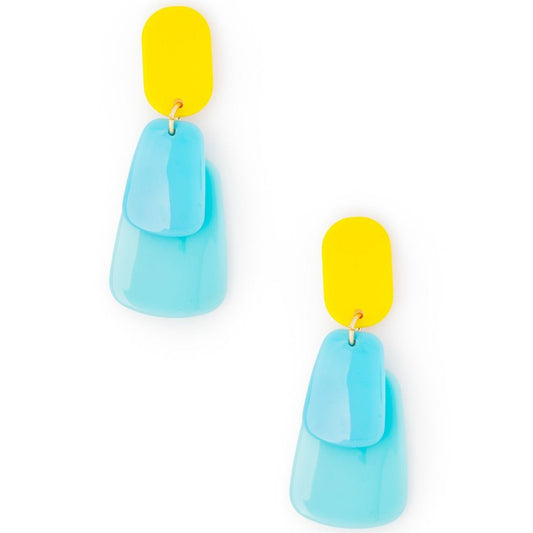 Orecchini pendenti a tre parti in acrilico celeste e giallo - Mya Accessories