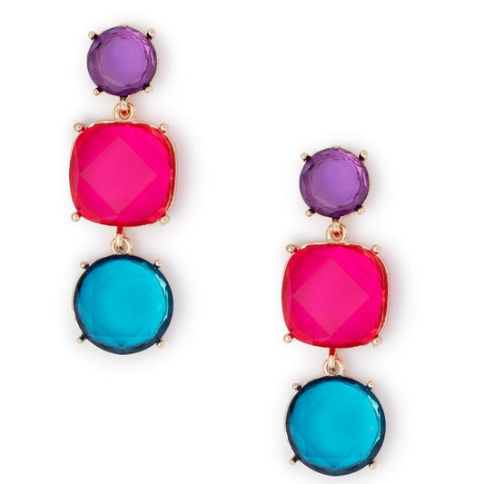 Orecchini in metallo pendenti con pietre in resina trasparente viola, fucsia e celeste - Mya Accessories