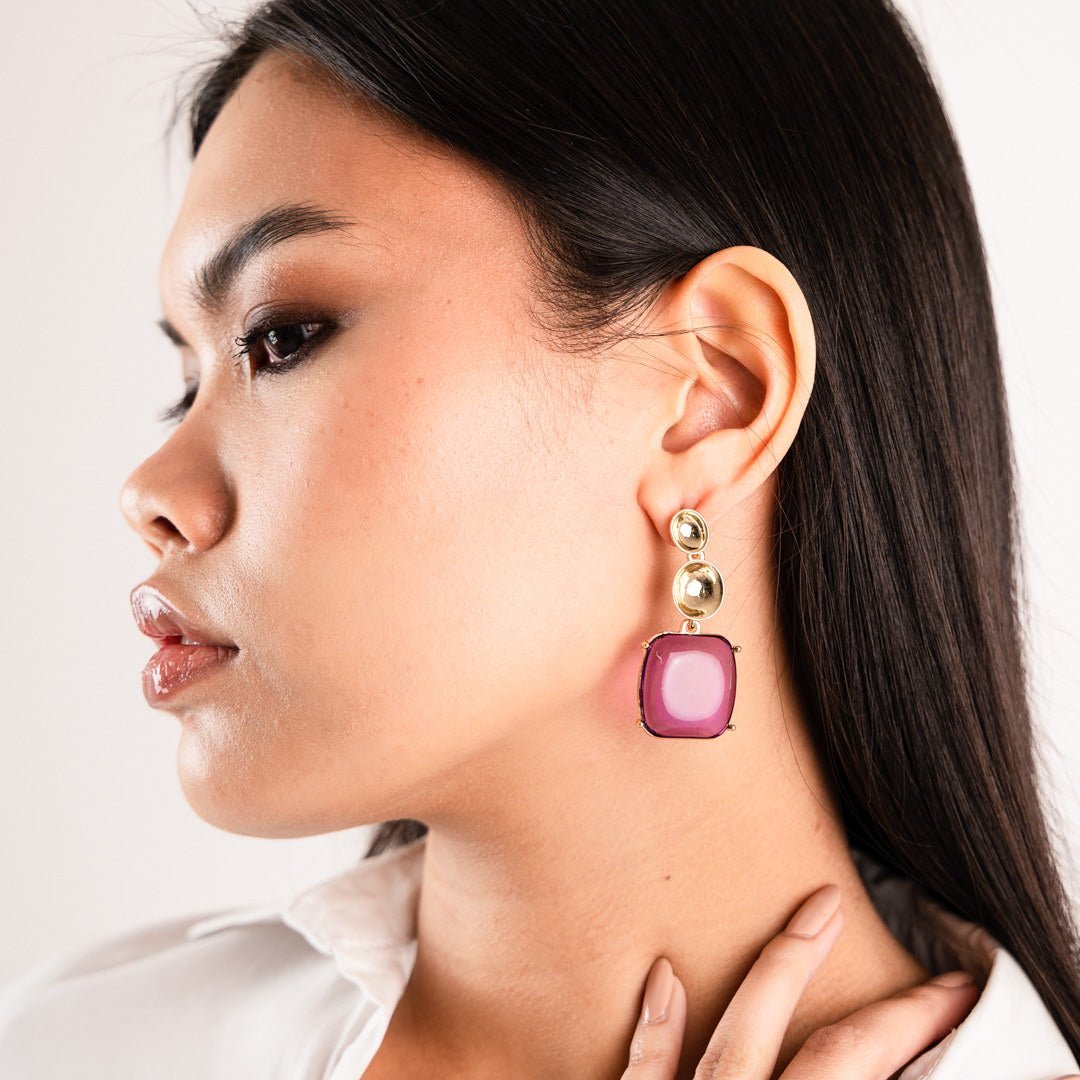 Orecchini in metallo pendenti in acrilico trasparente base quadrata viola - Mya Accessories