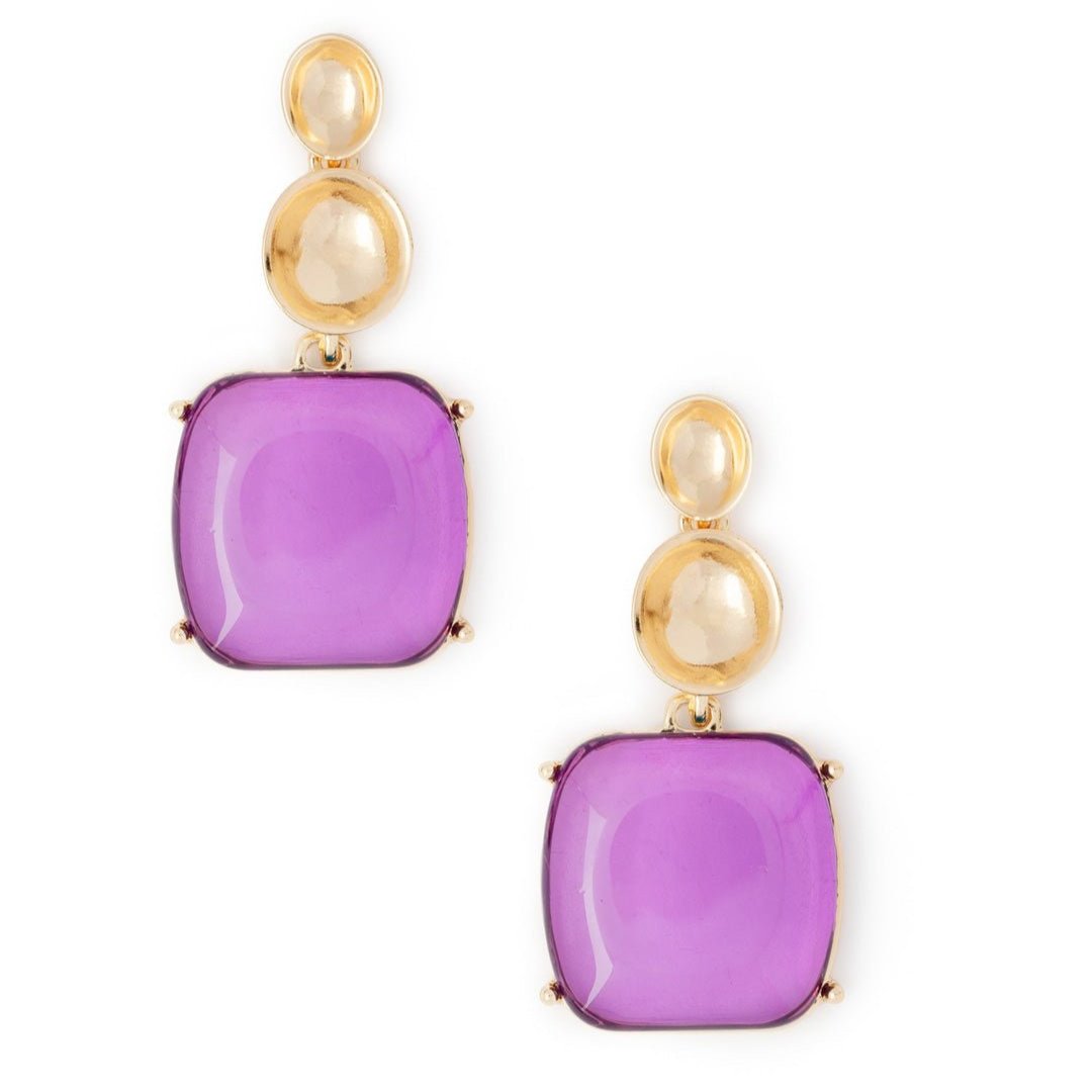 Orecchini in metallo pendenti in acrilico trasparente base quadrata viola - Mya Accessories