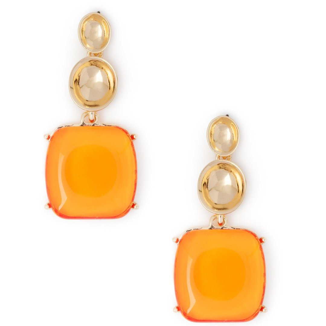 Orecchini in metallo pendenti in acrilico trasparente base quadrata arancio - Mya Accessories