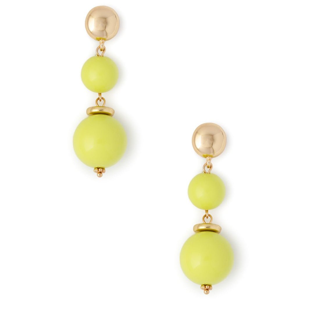 Orecchini con rondelle in metallo pendente con due sfere in acrilico verde lime - Mya Accessories