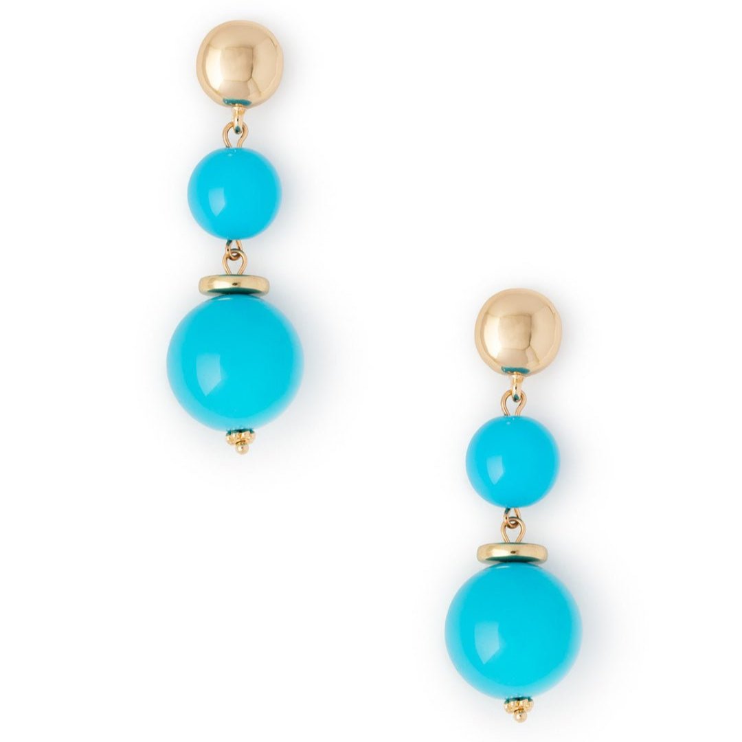Orecchini con rondelle in metallo pendente con due sfere in acrilico azzurro - Mya Accessories