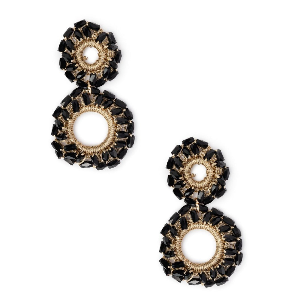 Orecchini in ottone con doppio cerchio pendenti in tessuto con microcristalli neri - Mya Accessories