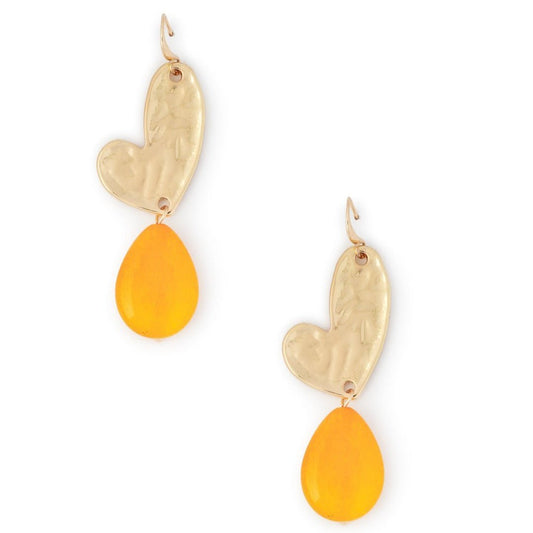 Orecchini pendenti in metallo a cuore, con pietra dura arancio - Mya Accessories