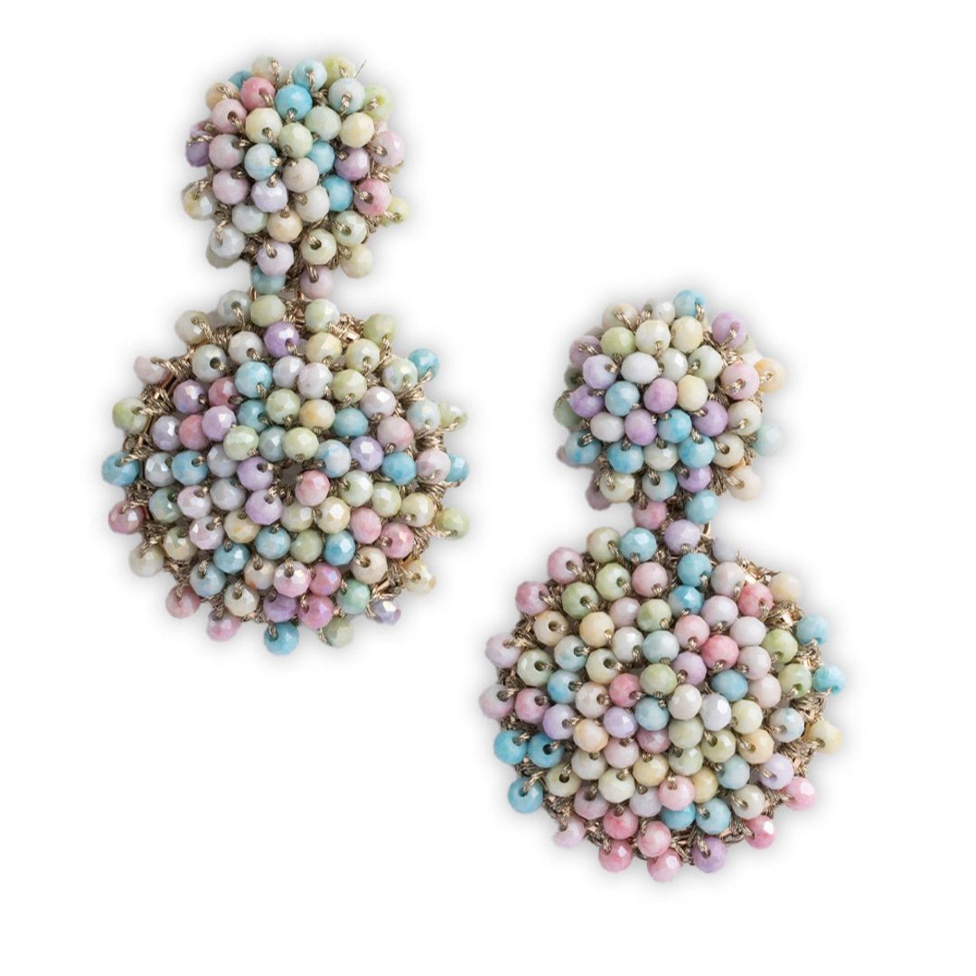 Orecchini in ottone pendenti retrò circolari con microcristalli multi rosa - Mya Accessories