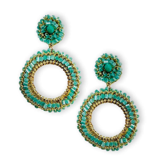 Orecchini pendenti a cerchio in tessuto con microcristalli turchesi - Mya Accessories