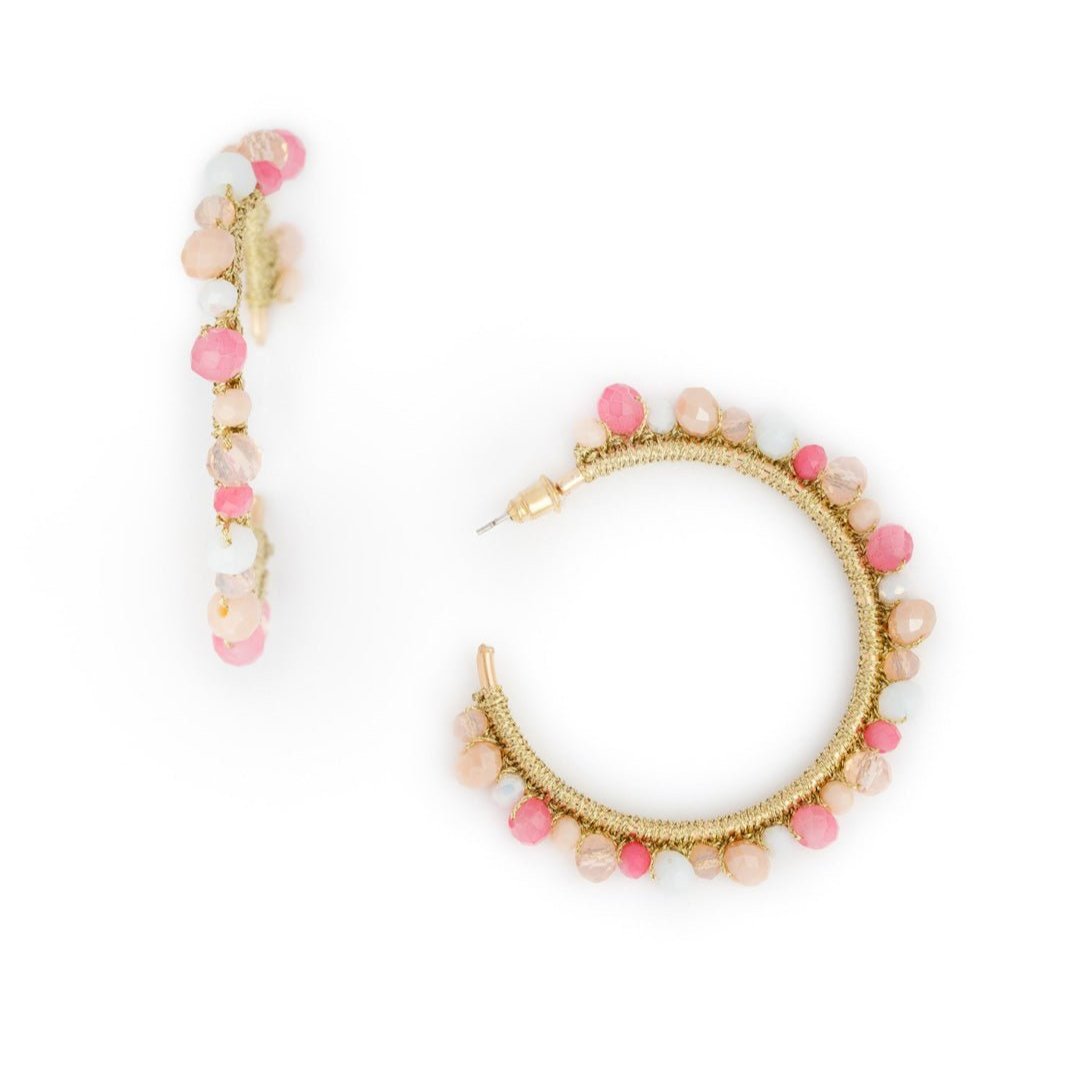 Orecchini in ottone a semicerchio in tessuto con microcristalli multi rosa - Mya Accessories