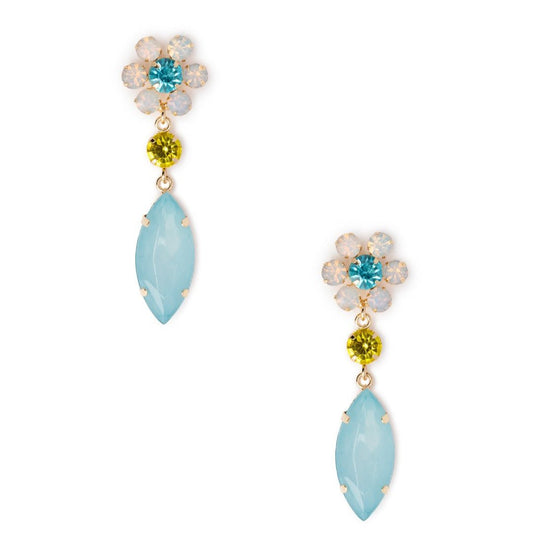 Orecchini pendenti metallo con margherite in vetro bianco, celeste e giallo - Mya Accessories