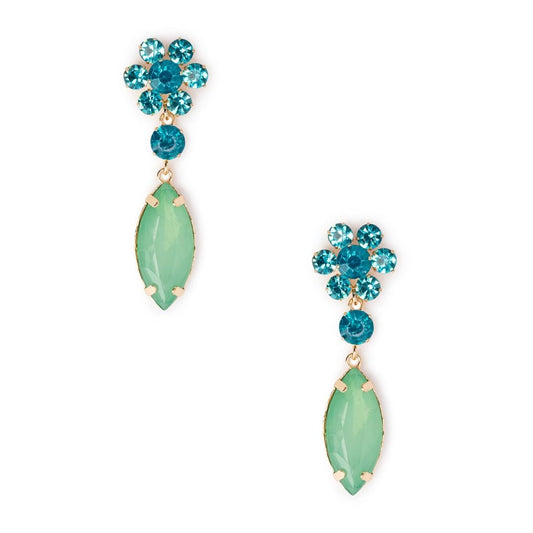 Orecchini pendenti metallo con margherite in vetro verde e azzurro - Mya Accessories