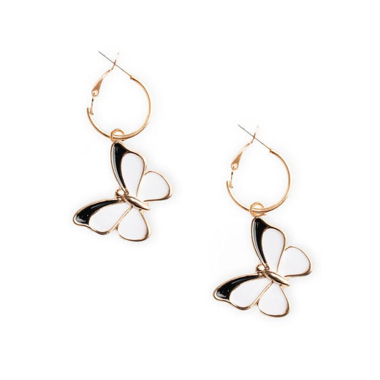 Orecchini a cerchio con ciondolo pendente a farfalla smaltato bianco - Mya Accessories