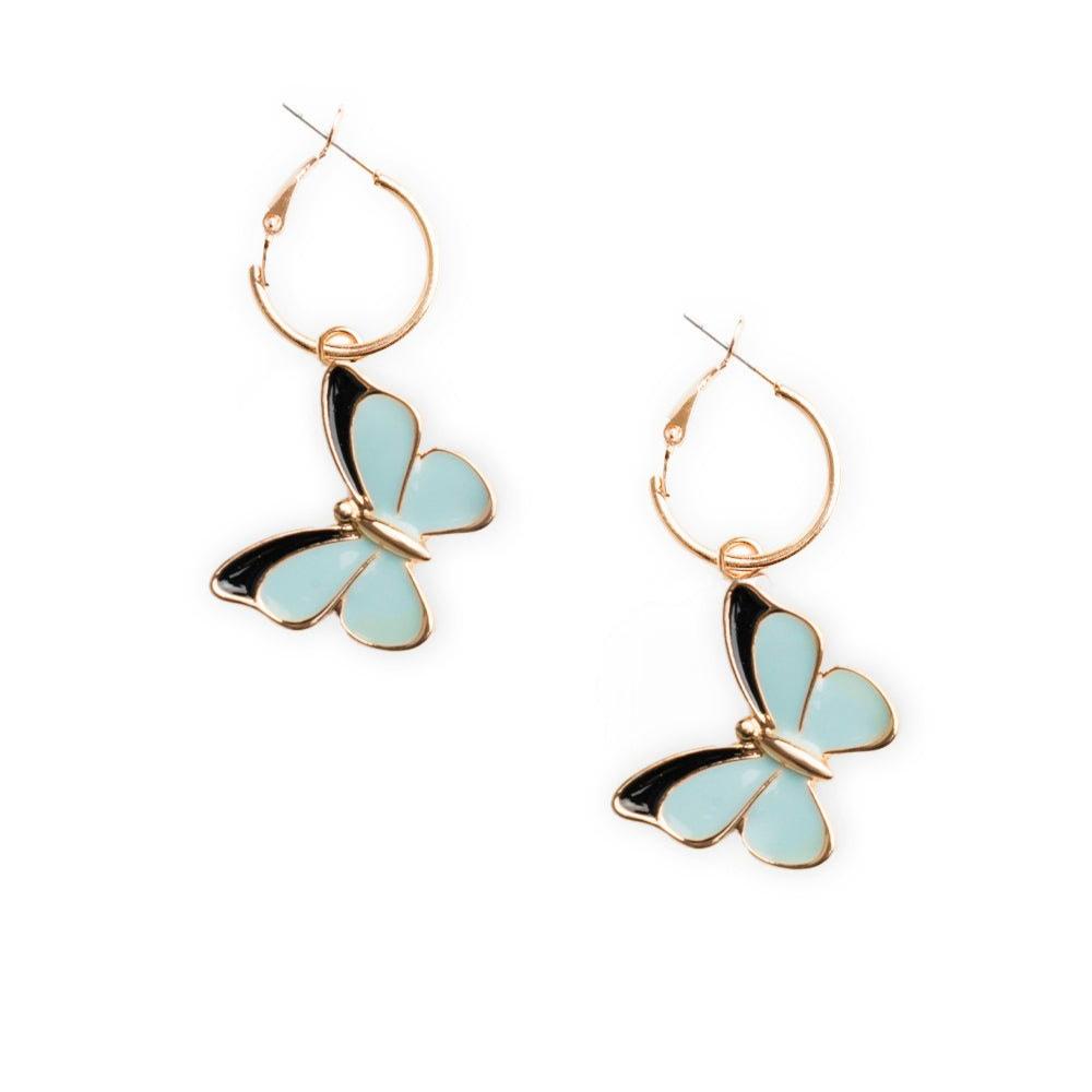 Orecchini a cerchio con ciondolo pendente a farfalla smaltato verde acqua - Mya Accessories