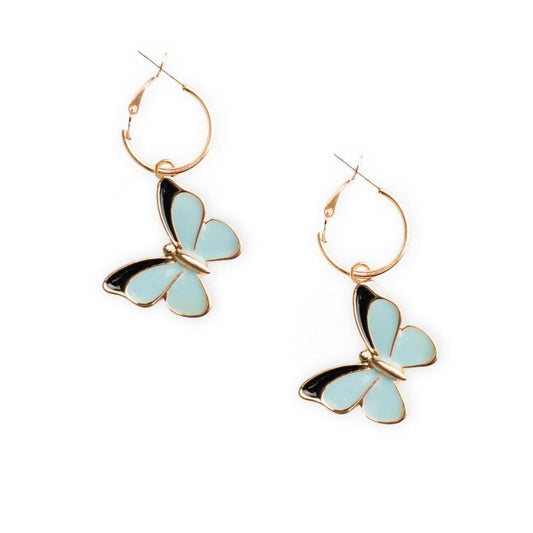 Orecchini a cerchio con ciondolo pendente a farfalla smaltato verde acqua - Mya Accessories