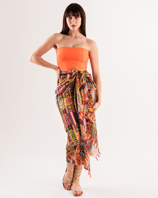 Pareo in cotone indiano con fantasia multi arancio