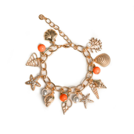 Bracciale a catena con pietre in vetro arancio e charms pendenti