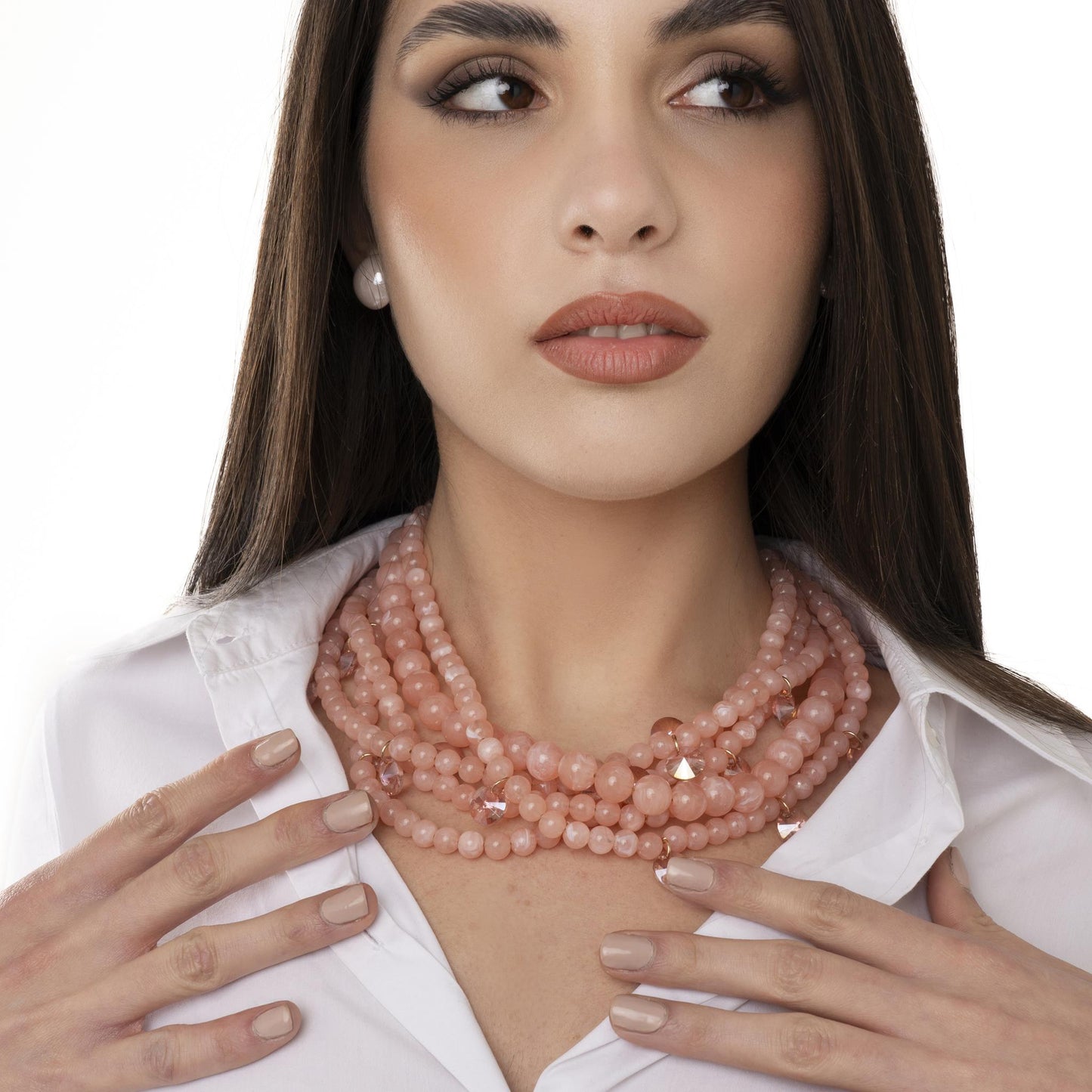 Collana multi filo con sfere in acrilico e vetro tono pesca - Mya Accessories