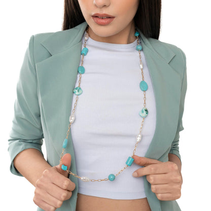 Collana lunga a catena con pietre dure ed acrilico tono turchese - Mya Accessories