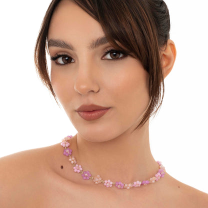 Collana girocollo con fiorellini in micro cristalli rosa - Mya Accessories