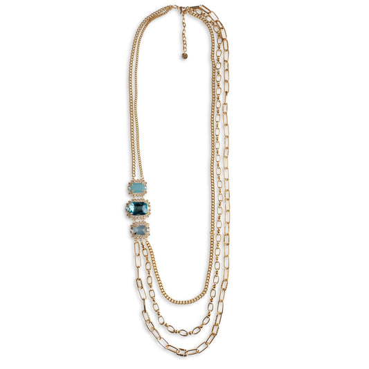 Collana lunga multi catena inserto in vetro tono celeste - Mya Accessories