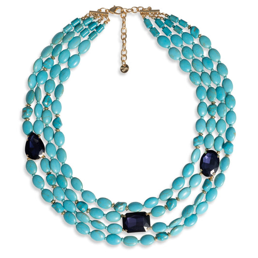 Collana multi linee con pietre sintetiche turchesi ed inserti in vetro tono blu - Mya Accessories