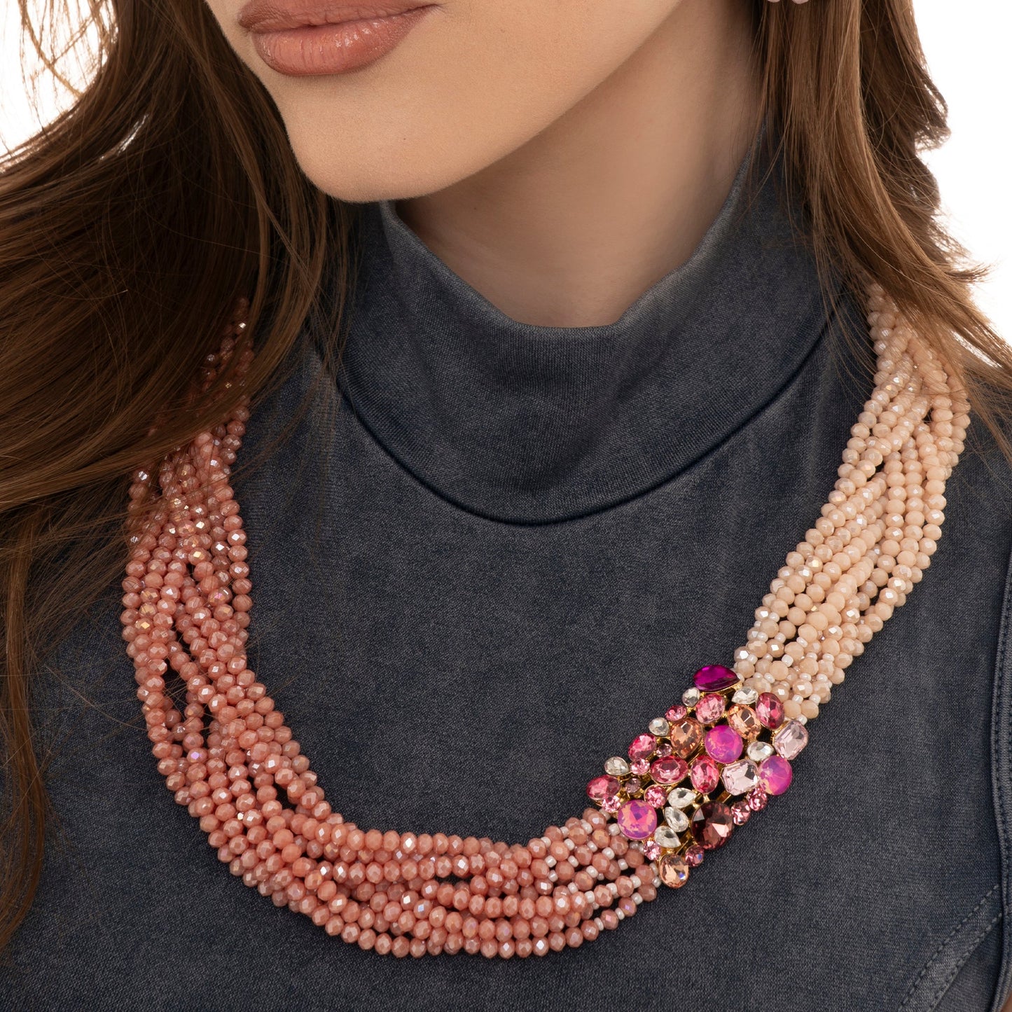 Collana con micro cristalli intrecciati tono rosa, inserto in vetro - Mya Accessories