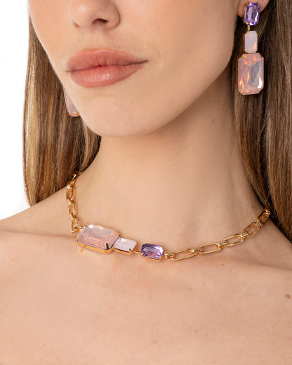 Collana girocollo a catena con inserti in vetro tono rosa