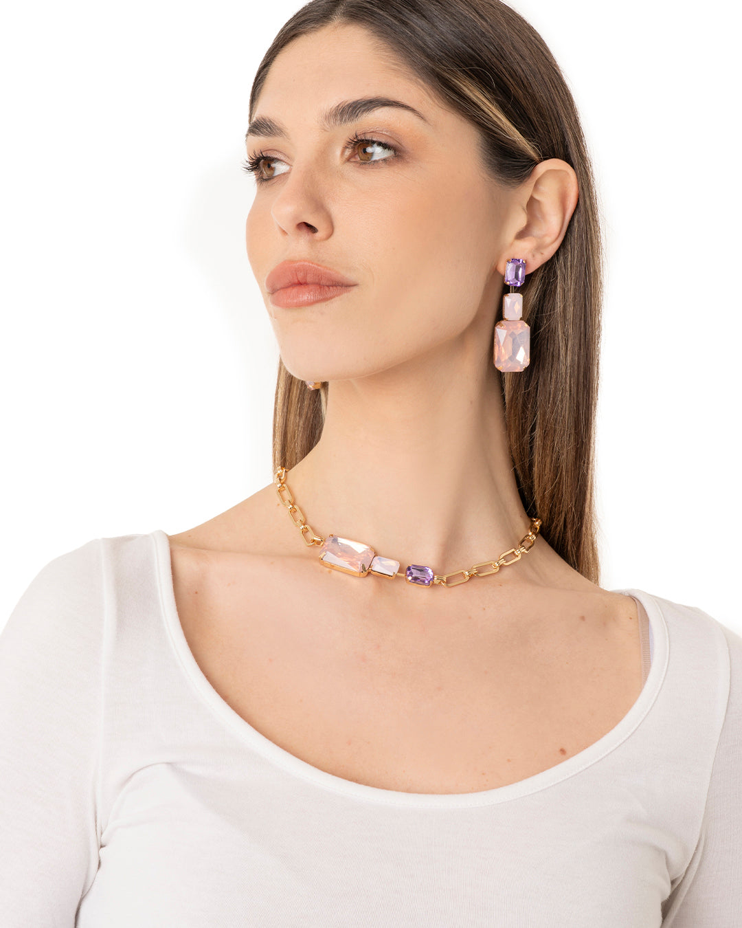Collana girocollo a catena con inserti in vetro tono rosa
