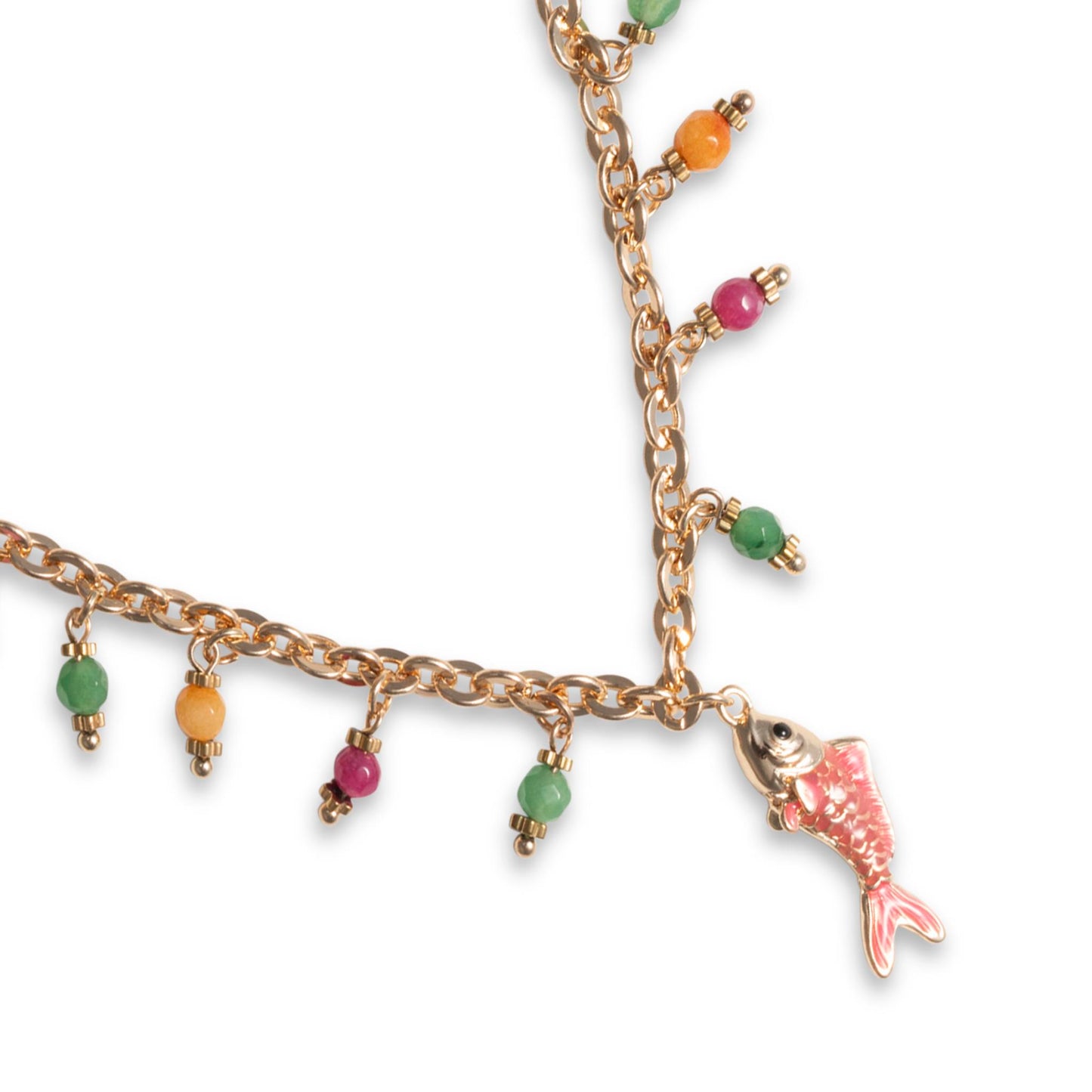 Collana girocollo con multi charms e pendente a pesciolino smaltato fucsia
