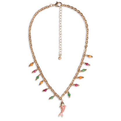 Collana girocollo con multi charms e pendente a pesciolino smaltato fucsia