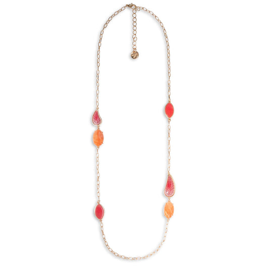 Collana lunga a catena con inserti in acrilico a foglia tono rosso ed arancio - Mya Accessories