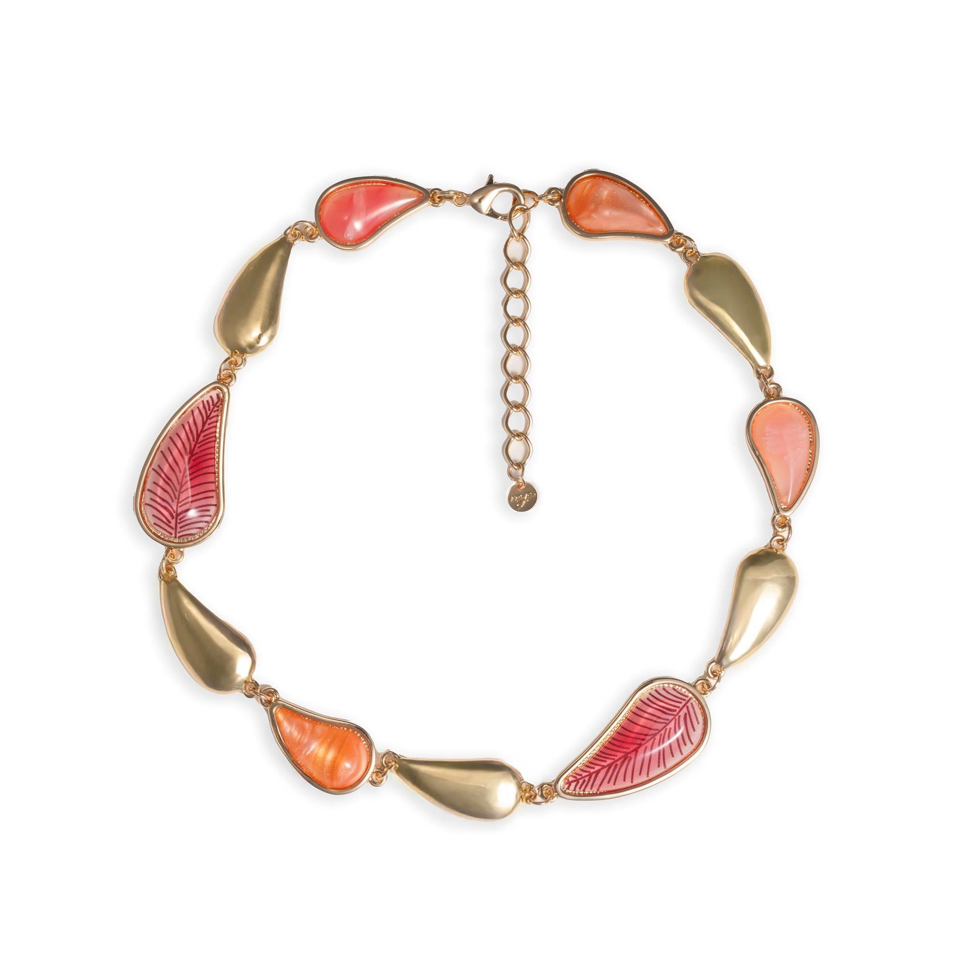Collana girocollo con inserto foglia in metallo ed acrilico tono rosso ed arancio - Mya Accessories
