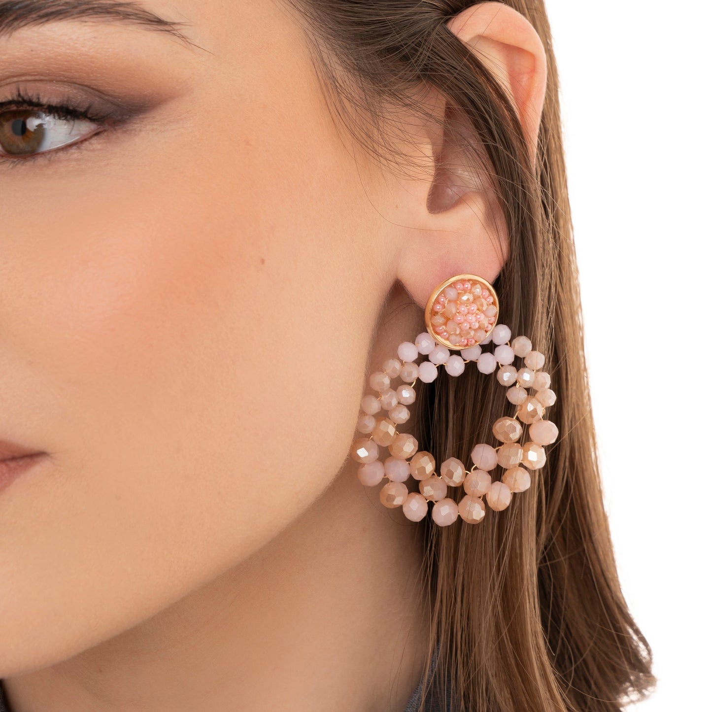 Orecchini pendenti circolari con micro cristalli rosa - Mya Accessories