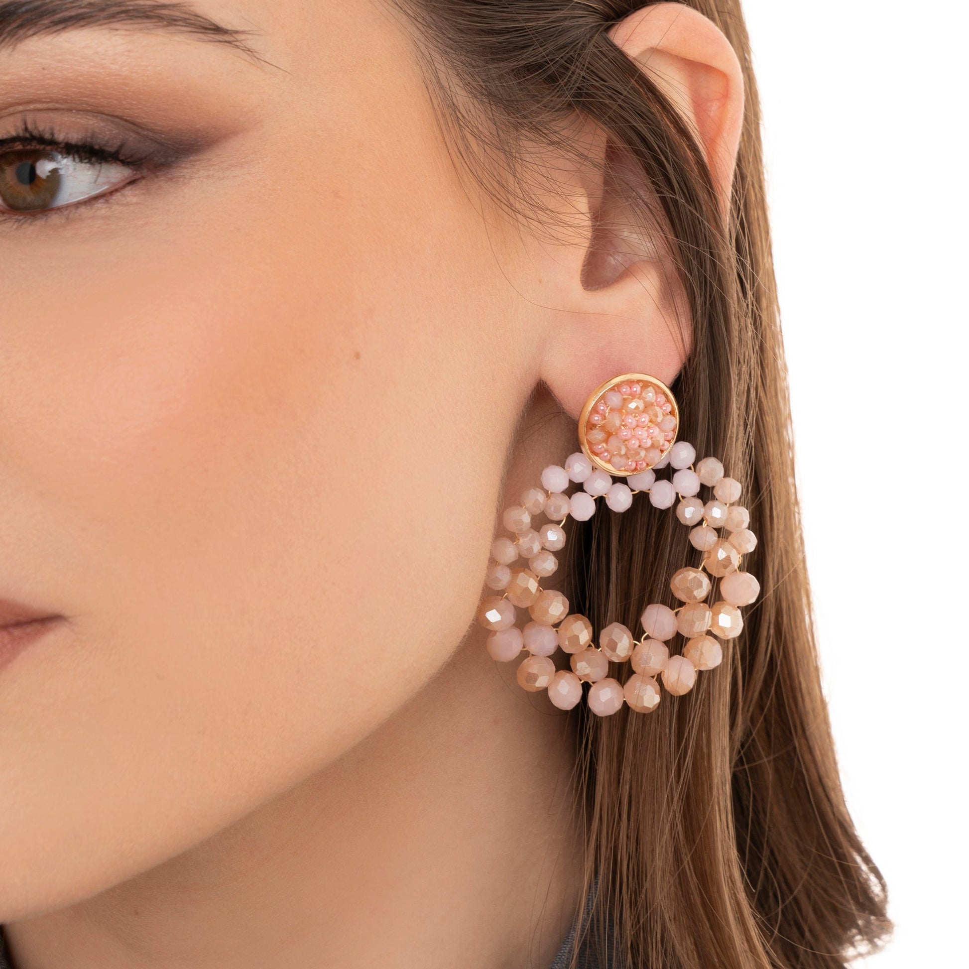 Orecchini pendenti circolari con micro cristalli rosa - Mya Accessories
