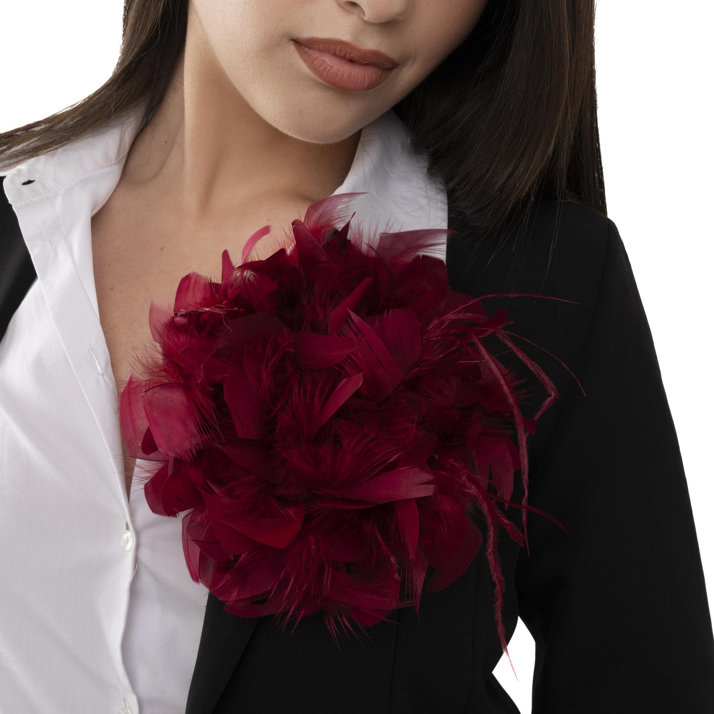 Spilla a fiore a piume bordeaux - Mya Accessories