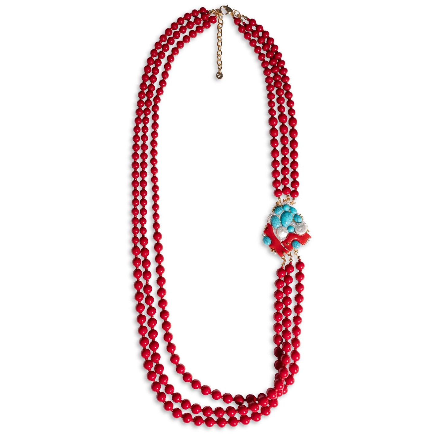 Collana multi filo con sfere in acrilico tono corallo con inserto in vetro multi